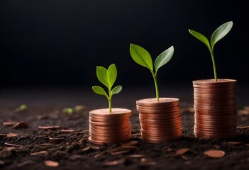 Three mounds of copper coins with delicate sprouts poking through against a graph line background 