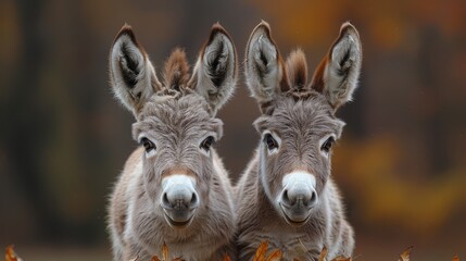   Two small donkeys stand side by side, their gazes fixed on the camera A hazy backdrop of trees and foliage frames them
