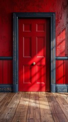 A red door with a blue handle in front of an empty room, AI