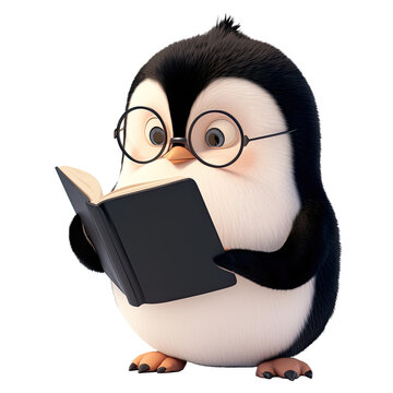 Curious penguin with glasses deeply analyzing data in a cartoon style on a transparent background.