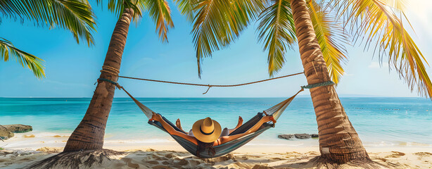 young woman in straw hat sitting in a hammock swinging between a palm trees on the overseas island sand beach at sunrise time. 