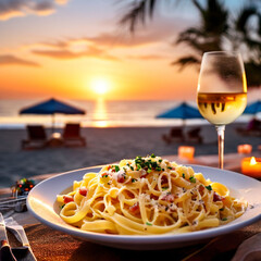 freshly made pasta carbonara on party background in blurred beach, evening