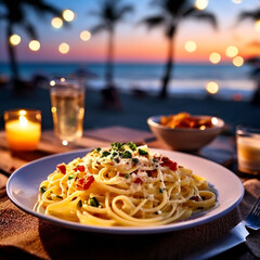 freshly made pasta carbonara on party background in blurred beach, evening