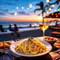 freshly made pasta carbonara on party background in blurred beach, evening