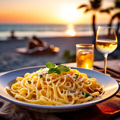 freshly made pasta carbonara on party background in blurred beach, evening