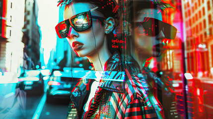 Urban Street Style Remix: Edgy streetwear looks showcased by models in urban poses, enhanced with glitch elements for a modern and rebellious twist. - obrazy, fototapety, plakaty