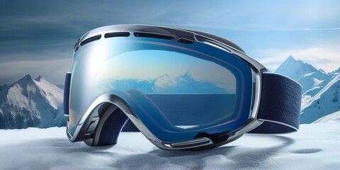 Ski goggles with mountains reflection Generative AI