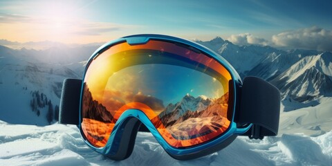 Ski goggles with mountains reflection Generative AI - obrazy, fototapety, plakaty