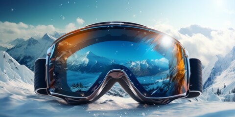 Ski goggles with mountains reflection Generative AI - obrazy, fototapety, plakaty