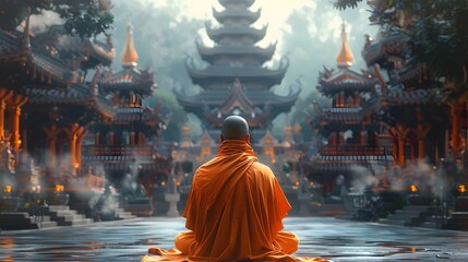 Buddhist monk meditating in solitude in front of a Buddhist temple. Meditation image