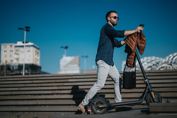 A modern businessperson rides an electric scooter outdoors, showcasing an eco-friendly commute in urban setting.