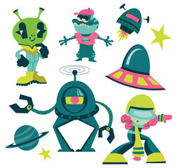 Aliens Cartoon Set - Vector stikers set