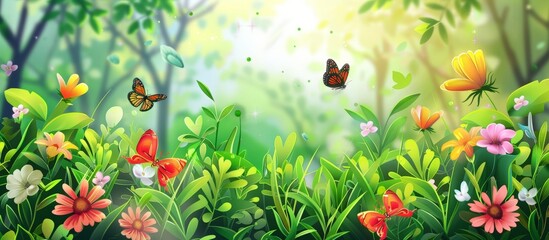 Vivid garden scene boasts an array of colorful flowers, accompanied by fluttering butterflies in the backdrop