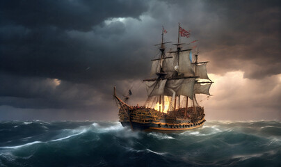 Fototapeta premium A seventeenth-century English line-of-battle warship, sailing the ocean.