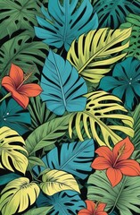 Background of vibrant tropical leaves and red flowers,illustration