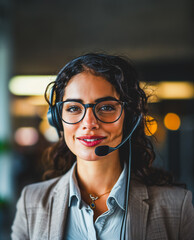 Stylish woman wearing a headset in an office