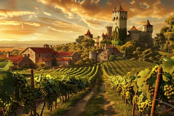 grape fields against the backdrop of a medieval castle Generative AI - obrazy, fototapety, plakaty