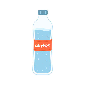 recommend clip art: Bottle of water vector illustration isolated. Flat cartoon design element. Transparent water container with red label.