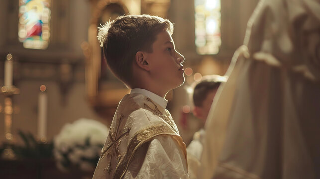 Altar Server Duties: Catholic Church. Individual Assisting Priest as Altar Server. Reverent Vibes during Altar Service. Personal Scene during Liturgical Service