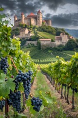 Fototapeta na wymiar grape fields against the backdrop of a medieval castle Generative AI