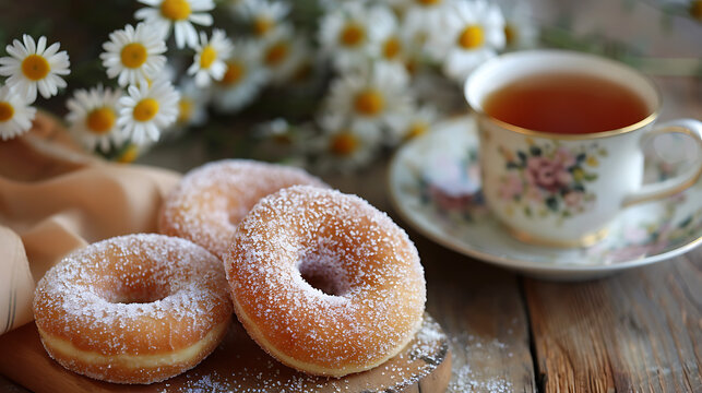 The image features a cozy setting with three sugared donuts, a cup of tea, and flowers.