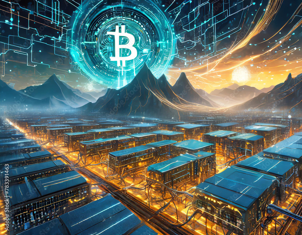 Poster ryptocurrency mining in a digital landscape, with ethereal energy pulsing from mining rigs