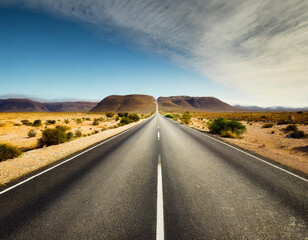 Fototapeta na wymiar straight line road through an empty desert, a call to travel, explore, escape, a journey through the difficulties and trials of life, towards the unknown, adventure and freedom