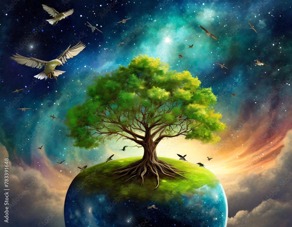 Poster surreal space dendroplanet depicting a lush green tree growing on a small planet with a starry nebul