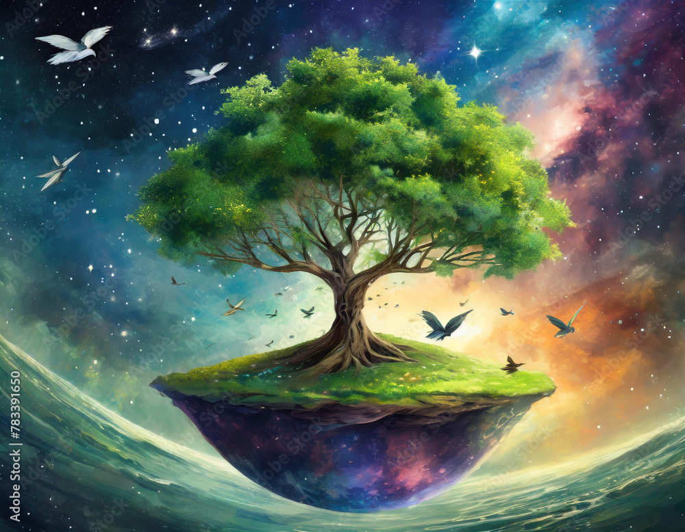 Poster surreal space dendroplanet depicting a lush green tree growing on a small planet with a starry nebul