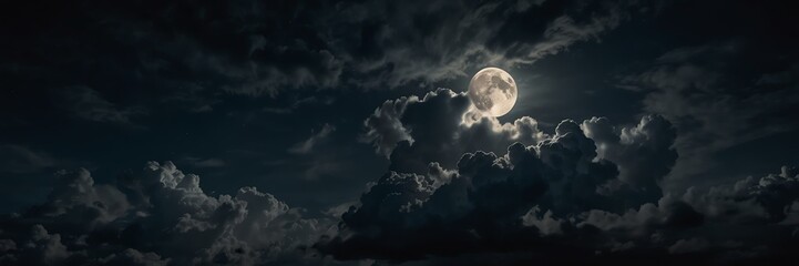 Naklejka na ściany i meble dark dramatic clouds in night sky with full moon from Generative AI