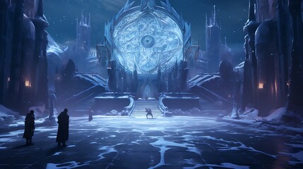 AI-generated adventurers embarking on a virtual reality quest set in a winter-themed fantasy world, where they must solve riddles and defeat magical creatures to save a frozen kingdom - obrazy, fototapety, plakaty