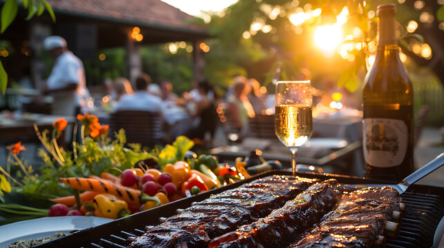 The image captures a lively outdoor dining scene during sunset. In the foreground, succulent ribs sizzle on a barbecue grill