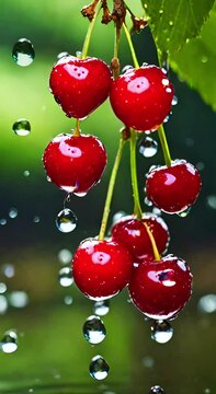 juicy red cherries under a stream of fresh water with lots of waterdrops against a green blurred background, slow motion zoom, fresh vertical food video