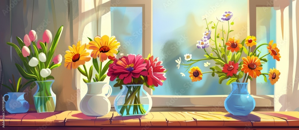 Poster vases filled with various flowers are arranged neatly on a table positioned by a window in a well-li