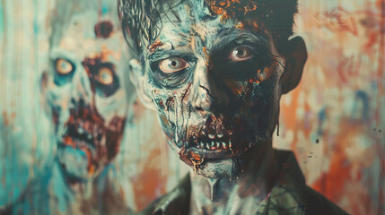 Zombie Art Class: Zombies exploring their creative side in an art class, painting portraits of each other in various stages of decay. - obrazy, fototapety, plakaty