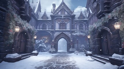AI-generated adventurers exploring a winter-themed escape room, solving puzzles and deciphering clues to unlock the secrets of a mysterious snow-covered mansion and escape before time runs out - obrazy, fototapety, plakaty