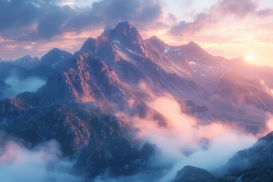 breathtaking sunrise over misty mountain peaks landscape