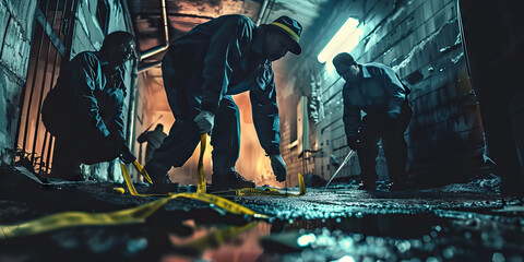 Crime Scene Investigation: Forensic Investigators Analyzing Evidence at a Crime Scene. Evidence Collection and Crime Reconstruction - obrazy, fototapety, plakaty