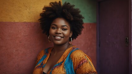 black african plus size woman model confident smiling looking at camera on colorful background from Generative AI - obrazy, fototapety, plakaty