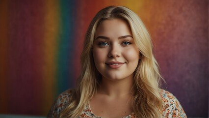Fototapeta na wymiar blonde plus size woman model confident smiling looking at camera on colorful background from Generative AI
