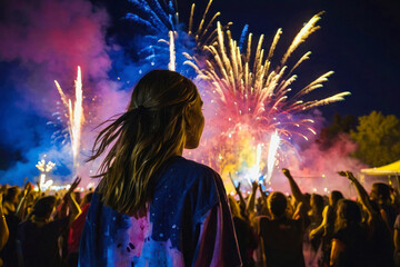 Fototapeta na wymiar Profile image of a girl at a festival, crowd of people, rainbow smoke and fireworks in the background. Music concert, party, Holi.