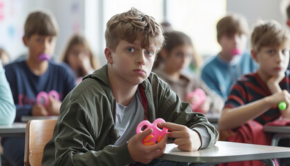 Teen with ADHD Using Fidget Tools in Classroom. Attention Deficit Disorder. Learning Disability