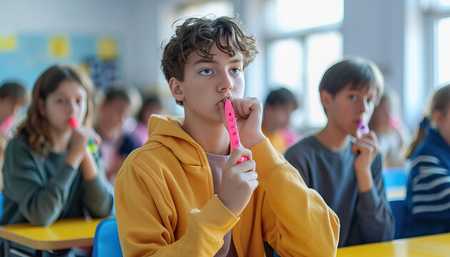 Teen with ADHD Using Fidget Tools in Classroom. Attention Deficit Disorder. Learning Disability