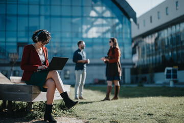 Focused businesswoman in headphones uses laptop on sunny day, with team members discussing in the background.