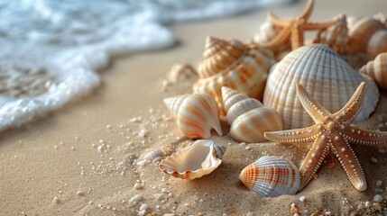 Fototapeta na wymiar Shells and Starfish on Sandy Beach