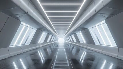 Futuristic neon light toned background 3D room light abstract space technology tunnel stage floorwith bright light glowing at the end of the tunnel.