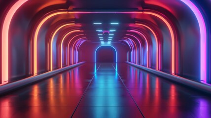 Futuristic colorful neon light toned background 3D room light abstract space technology tunnel...