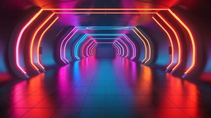 Futuristic colorful neon light toned background 3D room light abstract space technology tunnel...