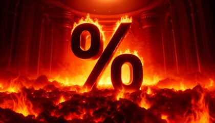 Inflation Concept with Percentage Sign Amidst Flames - obrazy, fototapety, plakaty