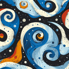 Vibrant Blue Swirls and Wave Patterns Seamless Design